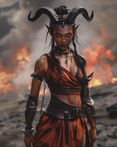 female tiefling warlock, dark tan skin, black hair, black eyes, dark red desert clothing, volcanic background, full body portrait, fantasy themed --ar 4:5