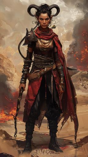 female tiefling warlock, dark tan skin, black hair, black eyes, dark red desert clothing, volcanic background, full body portrait, fantasy themed --ar 9:16