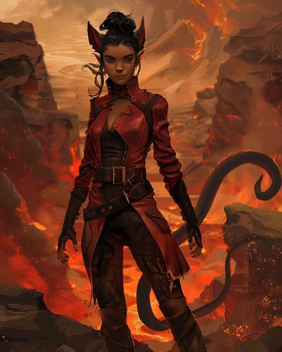 female tiefling warlock, dark tan skin, black hair, black eyes, dark red desert clothing, volcanic background, full body portrait, fantasy themed --ar 4:5