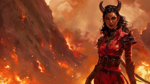 female tiefling warlock, dark tan skin, black hair, black eyes, dark red desert clothing, volcanic background, full body portrait, fantasy themed --ar 16:9