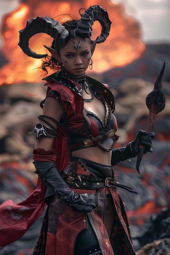 female tiefling warlock, dark tan skin, black hair, black eyes, dark red desert clothing, volcanic background, full body portrait, fantasy themed --ar 2:3