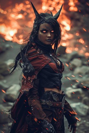 female tiefling warlock, dark tan skin, black hair, black eyes, dark red desert clothing, volcanic background, full body portrait, fantasy themed --ar 2:3