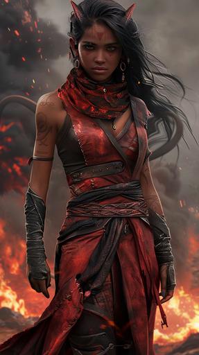 female tiefling warlock, dark tan skin, black hair, black eyes, dark red desert clothing, volcanic background, full body portrait, fantasy themed --ar 9:16