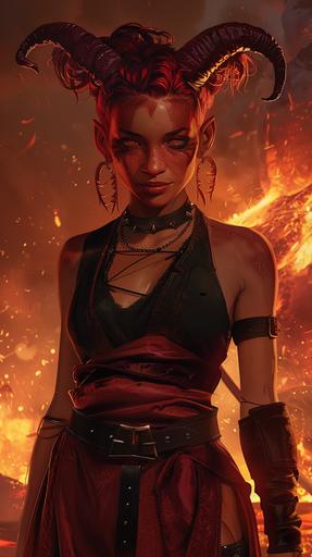 female tiefling warlock, dark tan skin, red hair, red eyes, dark red desert clothing, volcanic background, full body portrait, fantasy themed --ar 9:16