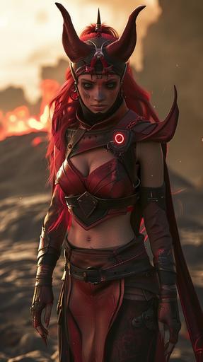 female tiefling warlock, dark tan skin, red hair, red eyes, dark red desert clothing, volcanic background, full body portrait, fantasy themed --ar 9:16