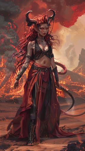 female tiefling warlock, dark tan skin, red hair, red eyes, dark red desert clothing, volcanic background, full body portrait, fantasy themed --ar 9:16