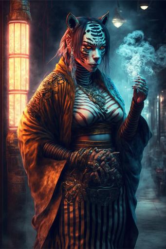 female tiger character, smoking cigar, korean traditional outfit, cyberpunk, full body, smoke, neon sign, mist, photography --ar 2:3 --v 4