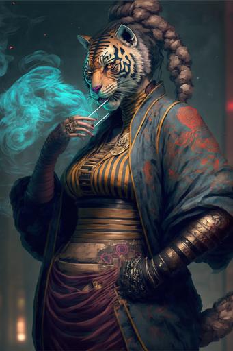 female tiger character, smoking cigar, korean traditional outfit, cyberpunk, full body, smoke, neon sign, mist, photography --ar 2:3 --v 4