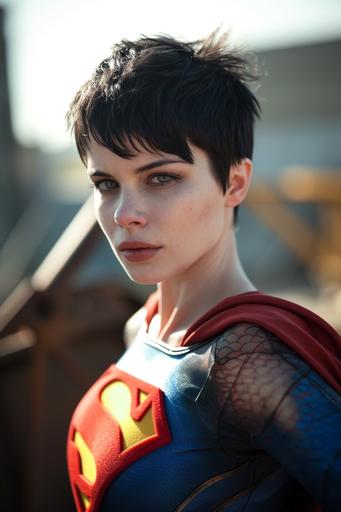 female version of Superman from DC Comics, played by a Cara Delevigne in a film, image shows character in correct traditional costume, image shows character with correct short hairstyle and black hair color, image shows character with correct nuscular physique, image shows character with correct makeup or lack thereof, movie still, cinematic, accurate costume, accurate hair, accurate makeup, very realistic, upscaled to 8k, very detailed, award - winning photography, award - winning cinematography, shot on 2010s film reel, 2010s superhero film aesthetic, action shot, full body shot, good lighting, --ar 2:3 --v 6.0