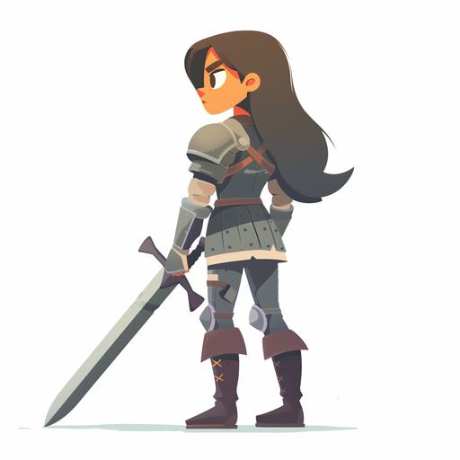 female warrior from the back with sword duolingo style cartoon looking looking slightly to the left super simple --v 6.0