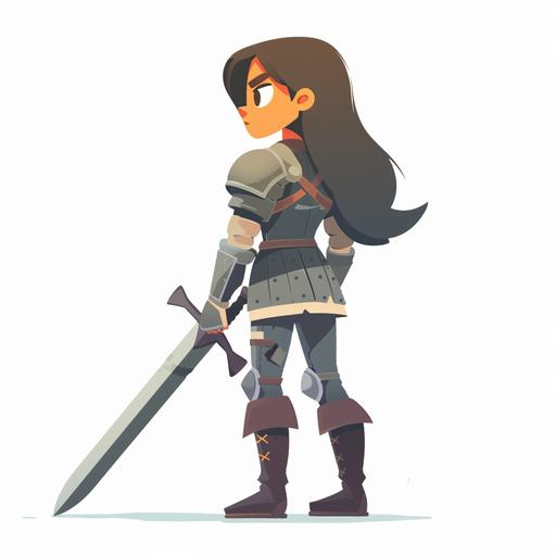 female warrior from the back with sword duolingo style cartoon looking looking slightly to the left super simple