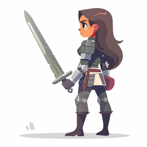 female warrior from the back with sword duolingo style cartoon looking looking slightly to the left super simple
