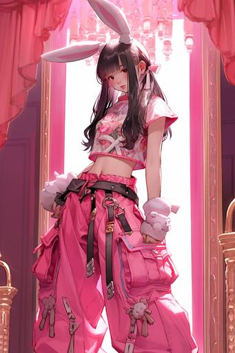 female warrior with bunny paws and bunny ears, pink fantasy armor, bunny theme, black pigtails hair, , cute interior room atmosphere background, , final fantasy style --ar 2:3 --niji 5