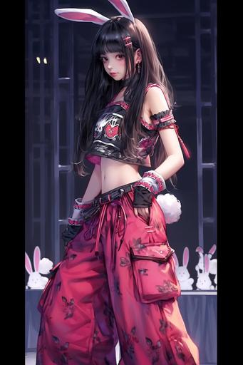 female warrior with bunny paws and bunny ears, pink fantasy armor, bunny theme, black pigtails hair, , cute interior room atmosphere background, , final fantasy style --ar 2:3 --niji 5
