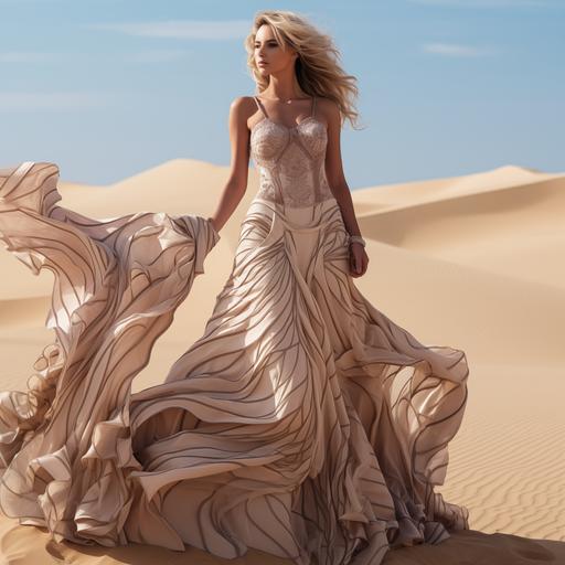 female wearing dress of sand, sand queen, in the middle of a desert, wind, walking, full body, flowy dress, dress from the sand, sand sculpture dress realistic, hd, cinematic, detailed