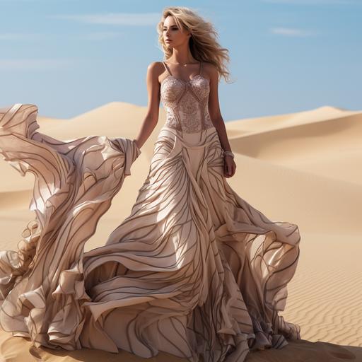 female wearing dress of sand, sand queen, in the middle of a desert, wind, walking, full body, flowy dress, dress from the sand, sand sculpture dress realistic, hd, cinematic, detailed