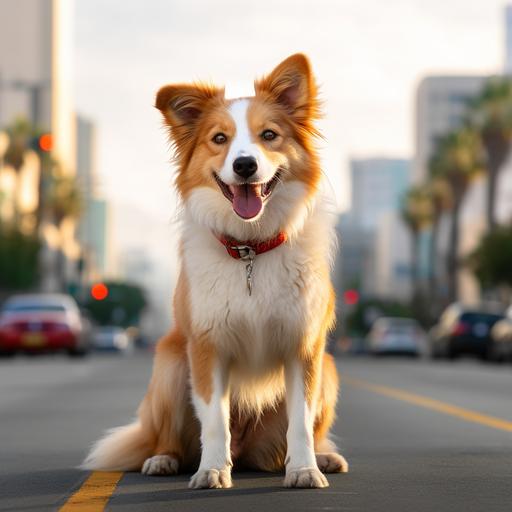 female white/orange color dog, orange/white mix fur, no white, colorful city background, blurry background, full body, looking at camera, cute,