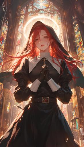 female with red hairs, Cardinal of Catholic Church, 30 years old, church in the background --ar 4:7 --niji 6 --s 750