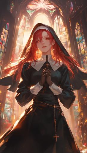 female with red hairs, Cardinal of Catholic Church, 30 years old, church in the background --ar 4:7 --niji 6 --s 750