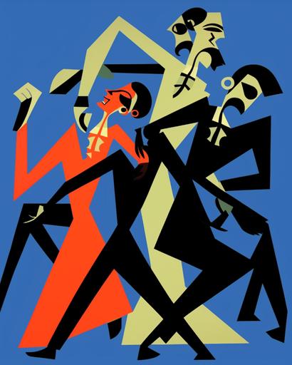 feminine and non-binary and masculine, all in unison, kaleidoscopic gender spectrum, garish colors, 1940 cartoon aesthetic, dancing, in the style of Patrick Nagel and Bill and Peter Arno, , --ar 4:5