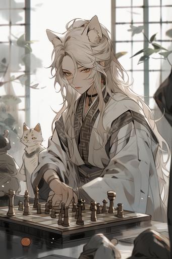 feminine catboy, gray shoulder length hair, beige hair streaks. cat ears, dilute tortie. dark eyes. freckles. playing xiangqi, wearing a white hanfu --niji --ar 2:3