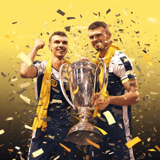 fenerbahçe football team won the thropy and they are celebrating after match. 8k , hyperrealistic , edin dzeko and dusan tadic together