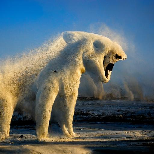 feral polar bear standing up raging in the dead of winter