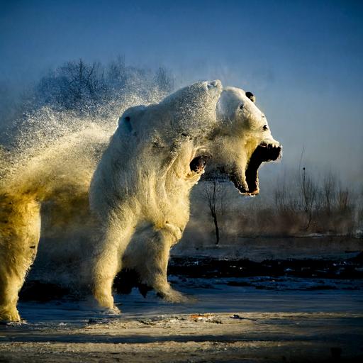 feral polar bear standing up raging in the dead of winter