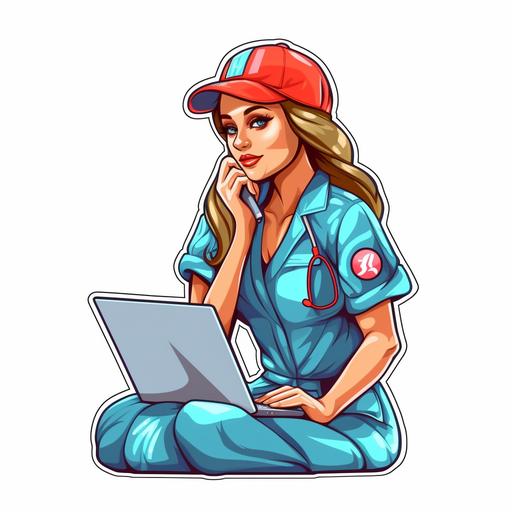 nurse woman working , Sticker, Cute, Bright Colors, Digital Art, Contour, Vector, White Background, Detailed