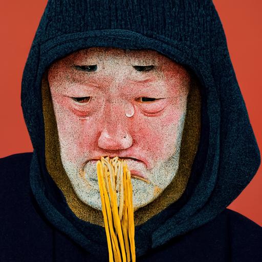 A dude wearing a hoodie, melty face and emotionally holding back tears While holding noodles with his chopsticks from a big bowl of Japanese ramen . Ancient format