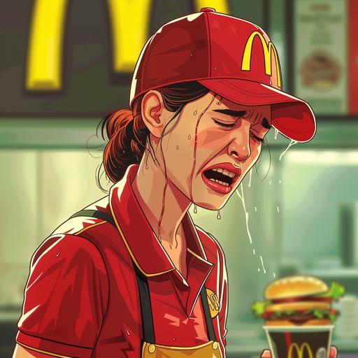 BTC ded meme cartoon of a mcdonald's worker crying