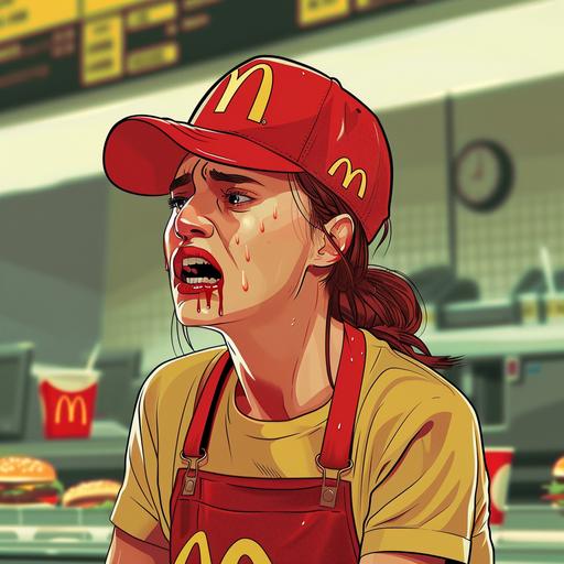 BTC ded meme cartoon of a mcdonald's worker crying