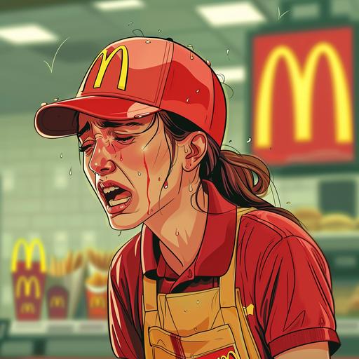 BTC ded meme cartoon of a mcdonald's worker crying