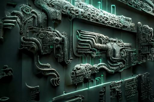 wildly futuristic bas relief panel of Quetzalcoatl on the wall of an alien temple. 3d hard surface modeling. Some greebled surface. Exposed microprocessor circuit board patterns, sci-fi, dark shadows, moody, reflections, cinematic lighting, Prometheus::.5 , Ryan Church::.5 —ar 3:2