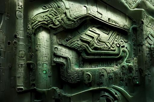 wildly futuristic bas relief panel of Quetzalcoatl on the wall of an alien temple. 3d hard surface modeling. Some greebled surface. Exposed microprocessor circuit board patterns, sci-fi, dark shadows, moody, reflections, cinematic lighting, Prometheus::.5 , Ryan Church::.5 —ar 3:2