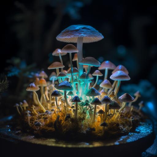 fiber optic lamp in the middle of a field of mushrooms,refractions, 35mm --v 5 --q 2