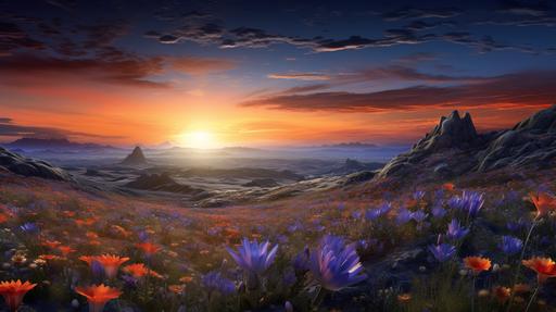 field of blue and orange flowers at sunrise on a distant planet. The field is vast and has dew on it. --aspect 16:9