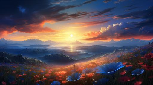 field of blue and orange flowers at sunrise on a distant planet. The field is vast and has dew on it. --aspect 16:9