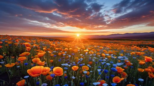 field of blue and orange flowers at sunrise. The field is vast and has dew on it. --aspect 16:9