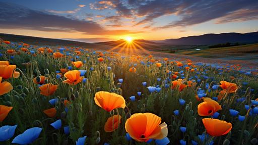 field of blue and orange flowers at sunrise. The field is vast and has dew on it. --aspect 16:9