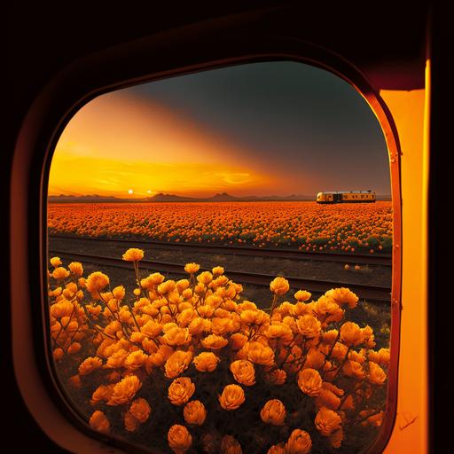 field of marigolds at sunset, through a large window of a train