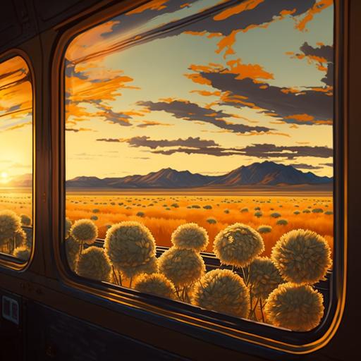 field of marigolds at sunset, through the window of a train, anime style