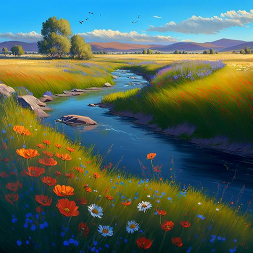 field, wildflowers, full bloom, tall grass, variety of flowers, rainbow colors, clear blue sky, warm glow, small stream, clear, bubbling waters, gentle breeze, rustling grass, petals, rolling green landscape, trees, hills, natural beauty, tranquility, peace, solitude, 4k, high detail, high resolution, beauty, art