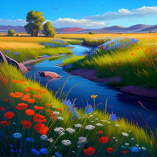 field, wildflowers, full bloom, tall grass, variety of flowers, rainbow colors, clear blue sky, warm glow, small stream, clear, bubbling waters, gentle breeze, rustling grass, petals, rolling green landscape, trees, hills, natural beauty, tranquility, peace, solitude, 4k, high detail, high resolution, beauty, art