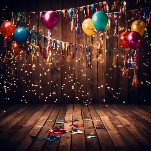 fiesta banner on wooden floor with spotlight, confetti, baloons 5k image