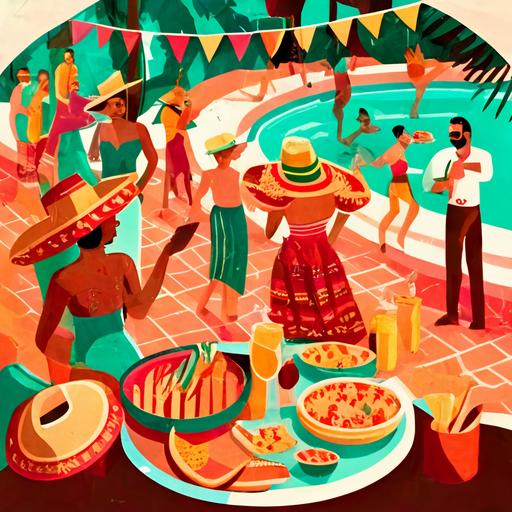 fiesta mexicana en piscina, adultos y niños bailando, realista, personas con sombreros mexicanos, soleado, comida parrillada