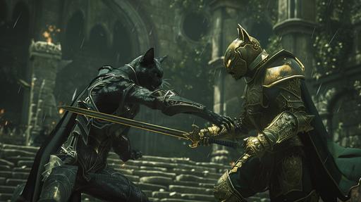 fighting scene, black leather glowing runed armor cat vampire assassin and golden armor warcat vampire warrior, fighting in the ruin --ar 16:9