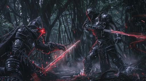 fighting scene, metal glowing red black armor knights, in mangrove forest --ar 16:9