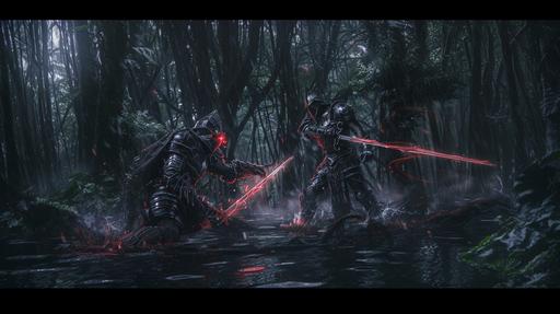 fighting scene, metal glowing red black armor knights, in mangrove forest --ar 16:9
