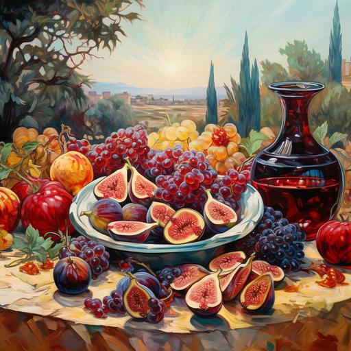 figs, pomegranates, olives, apples, Fruits, oil painting, high-purity tones, finely depicted, dreamy background, Van Gogh --v 5.2